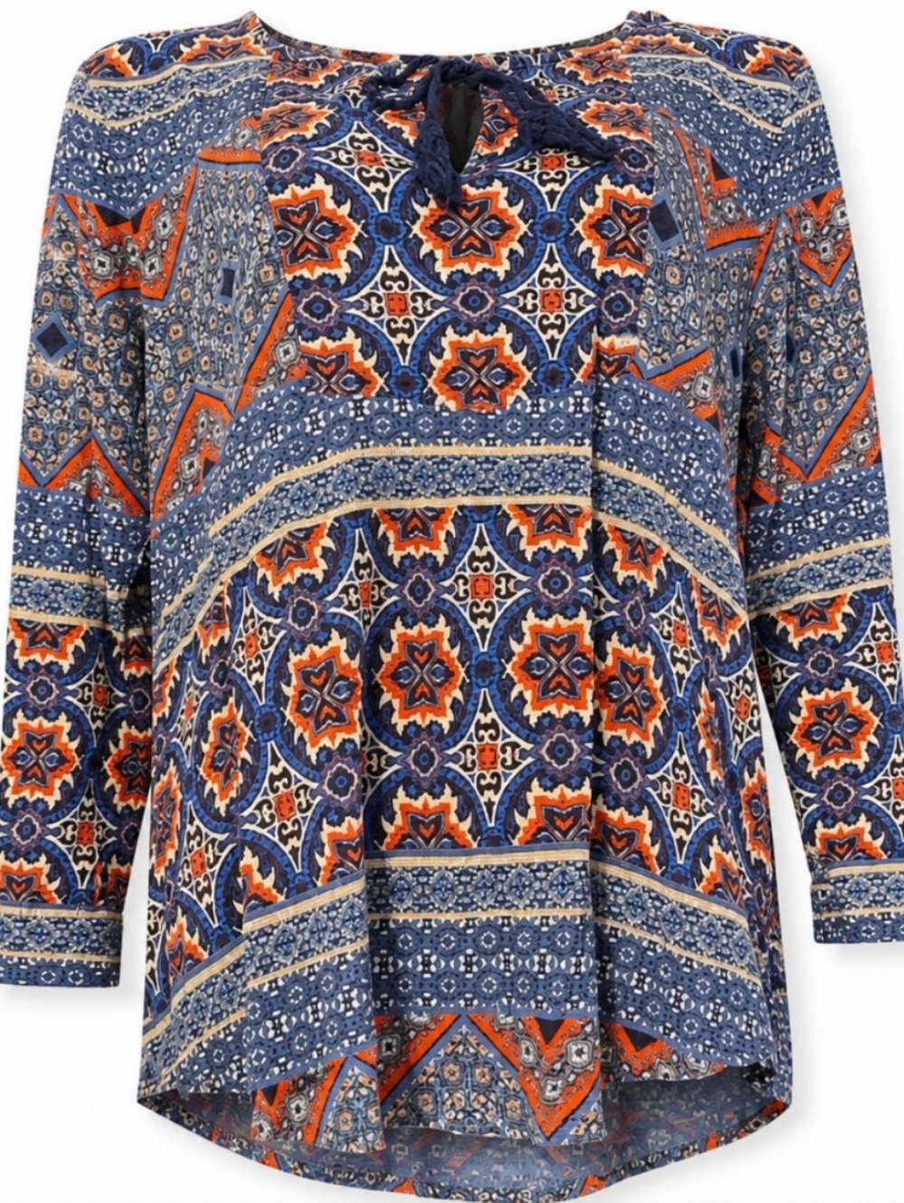 Lucky Brand Blue Orange Paisley Boho Peasant Blouse Tie Neck 3/4 Sleeve